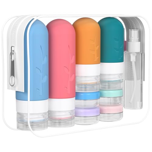 DEPOZA Travel Bottles Kit (16 Pack) - TSA Approved, Leak Proof Silicone Squeezable Containers for Toiletries. Complete Set with Jars, Sprayers & Bag (Coastal Hues) - color: Coastal Hues