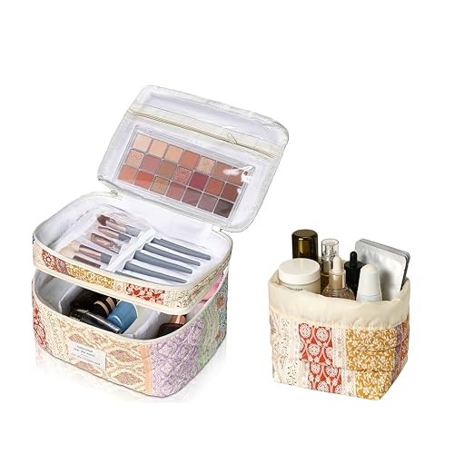 Gosect Makeup Bag, Quilted Cosmetic Bag Set, Drawstring Makeup Bag with Canvas Lining, Large Floral Toiletry Bag for Women Girls, Cute Cotton Flower Travel Organizer Bag (Floral Flower - color: Flower
