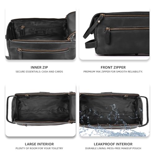 LEATHER VILLAGE Genuine Leather Travel Toiletry Bag - Water-Resistant Dopp Kit for Toiletries, Large Shaving Bag & Bathroom Organizer - Gift for Men & Women - Distressed Black - color: Distressed Black