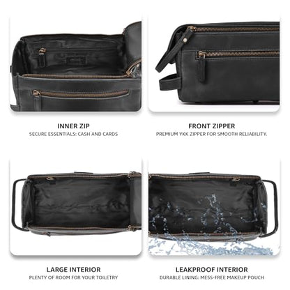 LEATHER VILLAGE Genuine Leather Travel Toiletry Bag - Water-Resistant Dopp Kit for Toiletries, Large Shaving Bag & Bathroom Organizer - Gift for Men & Women - Distressed Black - color: Distressed Black