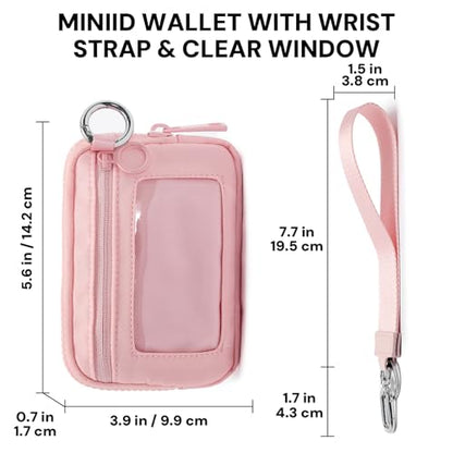 YDF The Iris Wallet for Women Mini Zip Card Case with Clear ID Window Zipper Coin Purse Lightweight Portable Keychain Wallet - color: Pink