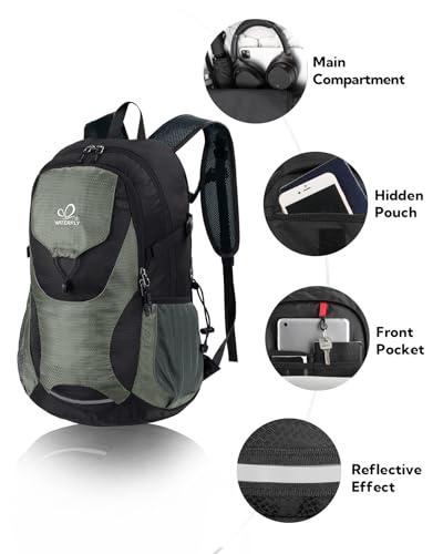 WATERFLY Lightweight Packable Hiking Backpack: 30L Foldable Travel Daypack Ultralight Camping Day Pack for Woman Man - color: Black & Grey