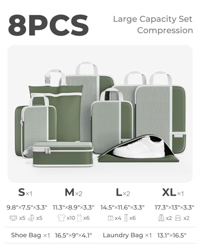 Percover Compression Packing Cubes for Travel, 8-Piece Structured Compression Organizer Set with Laundry Bag & Shoe Bag for Carry-On & Checked Luggage, Green - color: Green, size: 8 Set