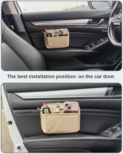 Driver's Car Storage Bag, Small Car Side Pocket Organizer for Car Seats, Doors and Consoles, PU Leather (Beige) - color: Beige