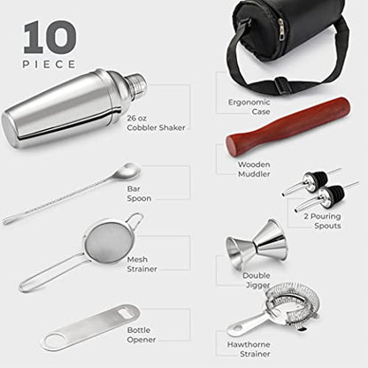 FineDine 10-Piece Cocktail Shaker Set with Travel Bag - Stainless Steel Shaker Set Bartender Kit - Mixology Bartender Kit - Strainer, Muddler, Jigger, Bar Spoon, Bottle Opener, Pour Spouts - Bar Set - size: 10-Piece