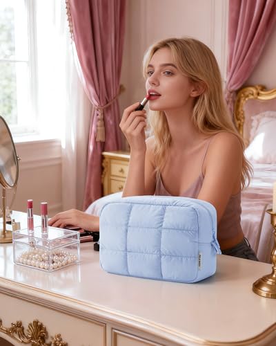 Narwey Quilted Makeup Bag for Women Girl, Puffer Travel Cosmetic Bag Puffy Make Up Bag Organizer, Cute Travel Toiletry Bag for Toiletries (Blue) - color: Blue