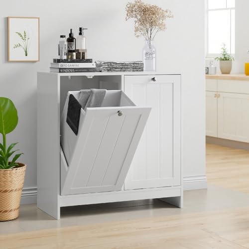 Double Tilt-Out Laundry Hamper Cabinet, Modern Hidden Laundry Hamper with 2 Removable Baskets, Free-Standing Bathroom Storage Cabinet, Anti-tiltdevice, (26.8" Tall White)