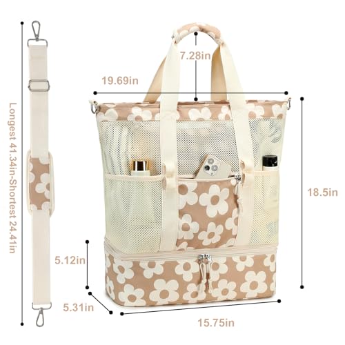 Bluboon Mesh Beach Tote Bag with Cooler Compartment Insulated Detachable Picnic Bag with Zipper and Pocket Pool Bag for Women - color: A-big Flower 157