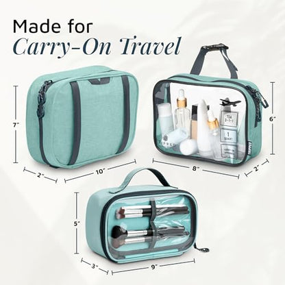 Toiletry Bag Kit 3 Piece Set: Hanging Travel Toiletry Bag + 311 TSA Cosmetic Liquid Bag + Accessory Organizer Pouch - color: Dusty Teal Makeup