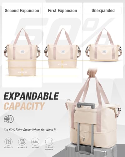 Expandable Travel Duffle Bag for Women Men, Large Gym Bag Travel Tote Bags, Waterproof Carry On Personal Item Bag Airline Approved, Workout Weekender Bag for Overnight Trips with Luggage Sleeve, Beige - color: C-beige