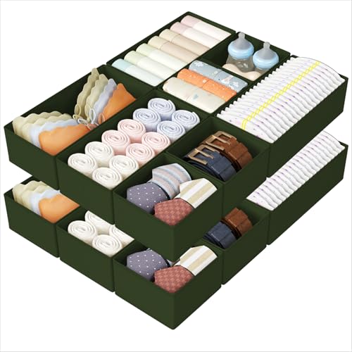 DIMJ Drawer Organizers Clothes, Set of 16 Dresser Organizer Bins, Fabric Closet Organizers and Storage, Shallow Drawer Dividers for Nursery, Clothing, Baby Clothes, Socks, Underwears, Tie (Green) - color: Green, size: 16 Pack