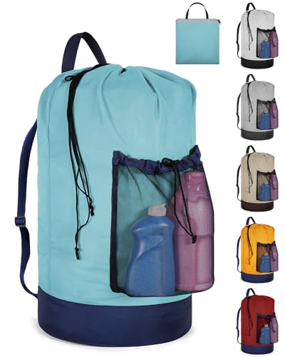 Laundry Bag with Shoulder Straps and Mesh Pocket Laundry Backpack Large Portable Laundry Hamper for College Laundromat Apartment - color: Lake Blue & Dark Blue