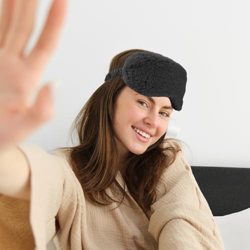 2 Pcs Black Plush Eye Mask Soft Sleeping Blindfold Eye Cover Comfortable Furry Faux Fur Sleeping Mask Satin Nap Night Eyeshade Cover for Women Men Gift - color: Black