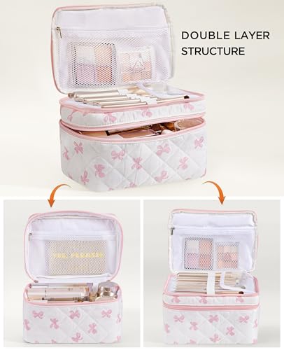 HBselect 2Pcs Travel Makeup Bag, Large Cotton Quilted Makeup Bag Cosmetic Bag Cute Make up Bag Toiletry Bags for Women Girls - color: 2PCS-BOW2