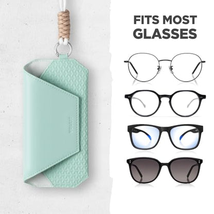 VULKIT Portable Leather Eye Glasses Case for Women & Men, Slim Sunglass Case, Unisex Eyeglass Case - color: Mint Green With Lanyard