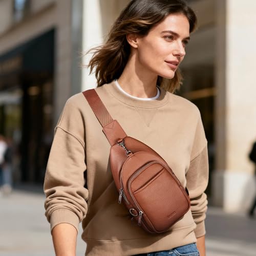 befen Genuine Leather Small Sling Bag for Women Anti-Theft Crossbody Chest Bags Multi-Pockets Fanny Pack with RFID Card Slots - color: Cognac Brown