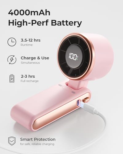 Portable Handheld Turbo Fan - 5 Gear High Speed 4000mAh Rechargeable Mini Personal Hand Fan Blow Cold Air, Battery Operated Travel Essentials, Beach Vacation, Gifts for Women, Men (Pink) - color: Pink
