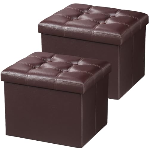 AmasSmile Storage Ottoman Folding Foot Rest Stool, Leather Footstool Bench, Short Ottoman Stool, Storage Foot Rest Store, Books (Brown-2pc, 17" D x 13" W x 13" H) - color: Brown 2 Pack, size: 17"*13"*13"inch