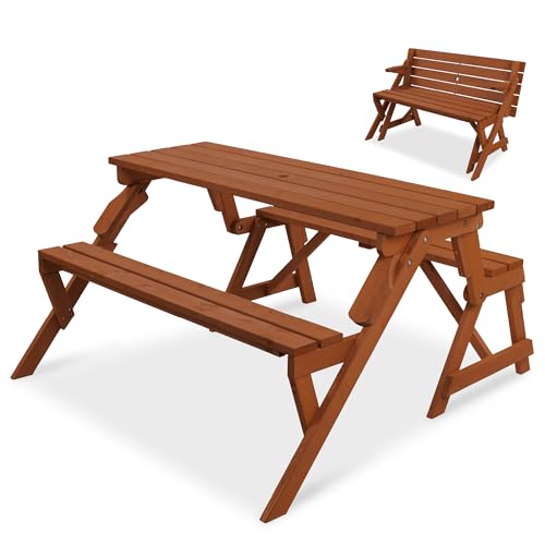 Best Choice Products 2-in-1 Transforming Interchangeable Outdoor Wooden Picnic Table Garden Bench for Backyard, Porch, Patio, Deck w/Umbrella Hole - Acorn - color: Acorn
