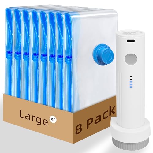Travel Vacuum Bags with Rechargeable Pump,8 Pack Vacuum Storage Seal Bags for Clothing Suitcase Backpack, Space Saver Compression Clothes Storage Bag (8 Large+Electric Pump) - style: 8 Large+Electric Pump