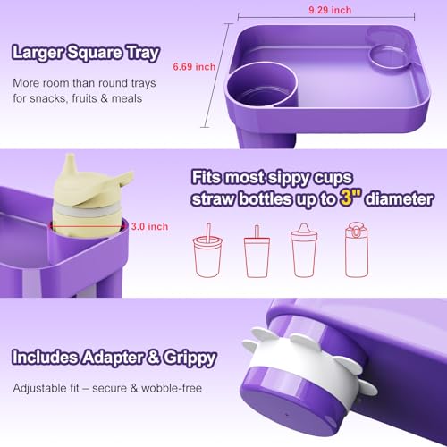 Car Seat Snack Tray for Toddlers - 3 Inch Cup Holder Fits Most Sippy Cups & Straw Bottles with Dip Well, Mess-Free Square Kids Travel Tray Road Trip Essentials, Purple - color: Purple