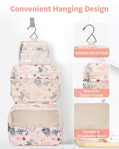 Narwey Small Hanging Travel Toiletry Bag for Women, Travel Bag for Toiletries, Makeup Bag Organizer Cosmetic Bags Make Up Bags for Girls - color: Beige Flamingo