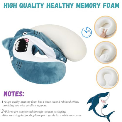 Cute Travel Neck Pillow, Kids Neck Pillow for Travel with Sleep Eye Mask, Memory Foam Cartoon Flight Sleeping Headrest Pillow for Boys & Girls, Train, Car, Airplane, Home Use - Bigmouth Shark - color: Bigmouth Shark