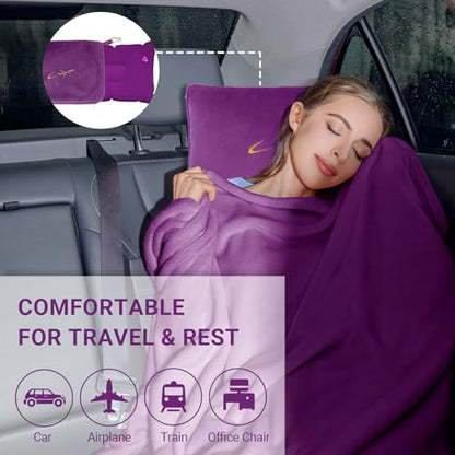 Travel Blanket & Pillow Set, 300 GSM Soft Fleece, 60x43 Inches, 3-in-1 Airplane Blanket, Travel Pillow and Blanket Set, Travel Blanket Airplane Compact with Bag, Travel Essentials, Violet - color: Violet-1