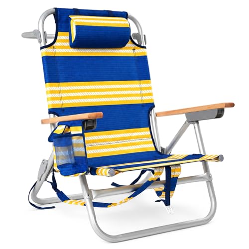 Backpack Beach Chairs for Adults Capacity 300 LBS Low 5 Position Beach Chair with Pouch Straps Folding Lightweight Reclining Aluminum Wide Lay Flat Single - color: 10in Wood Yellow Blue Stripes 1 Pack