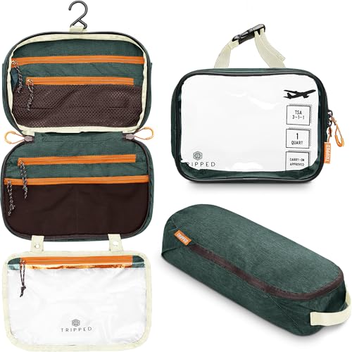 Toiletry Bag Kit 3 Piece Set: Hanging Travel Toiletry Bag + 311 TSA Cosmetic Liquid Bag + Accessory Organizer Pouch - color: Green