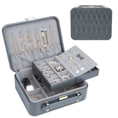 Travel Jewelry Case Large Jewelry Box Jewelry Travel Organizer Jewelry Case with Handle Removable Tray Best Gift for Women Girls (Grey) - color: Grey