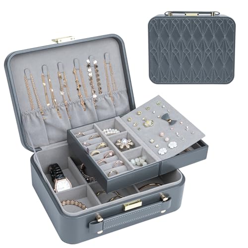 Travel Jewelry Case Large Jewelry Box Jewelry Travel Organizer Jewelry Case with Handle Removable Tray Best Gift for Women Girls (Grey) - color: Grey