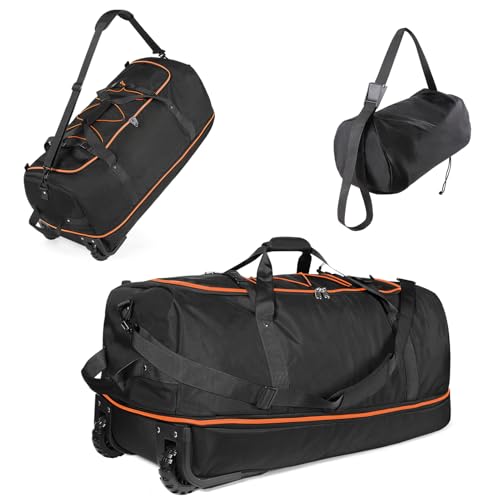 32" Soft-Sided Foldable Wheeled Duffle Bag, 110L Expandable 140L Rolling Travel Bag with Matching Storage Pouch, Updated Black-Orange - color: Black-Orange