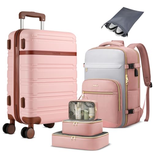 YAMTION Luggage Sets 6 Piece,Hardside 20In Suitcase with Spinner Wheels,TSA Lock,Carry On Suitcase Travel Essentials for Personal Items,Pink - color: Pink