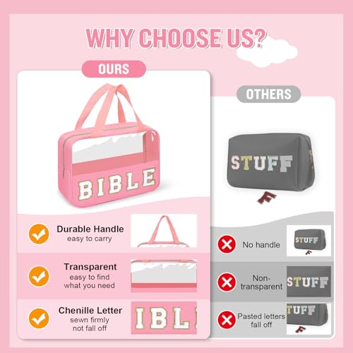 Chenille Letter Bible Bag Cover Case for Women,Preppy Bible Study Supplies Church Bag Purse Bible Accessories with Handle Zipper,Waterpoof Travel Makeup Bag Christmas Christian Gifts(BIBLE-Pink) - color: BIBLE-Pink