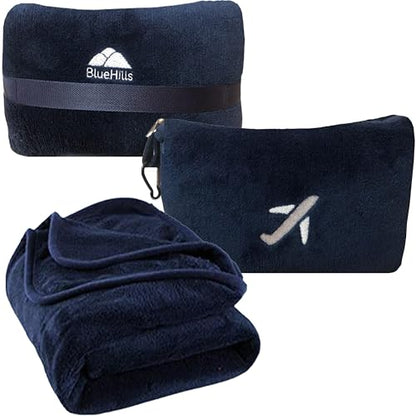BlueHills Premium Soft Travel Blanket Pillow in Mini Soft Case Plush Airplane Blanket Compact Pack with Luggage Belt and Backpack Clip Long Flights Essentials Navy Blue M04 - color: Navy-m04
