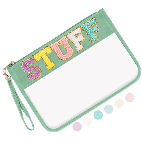 Iqimott Chenille Letter Clear Bag Stuff Pouch, Monogram PVC & PU Makeup Cosmetic Bag Zipper Toiletry Pouch, Waterproof Portable Travel Beach Snack Wristlet Bags for Women Girls(Stuff, Green) - color: Stuff-Green
