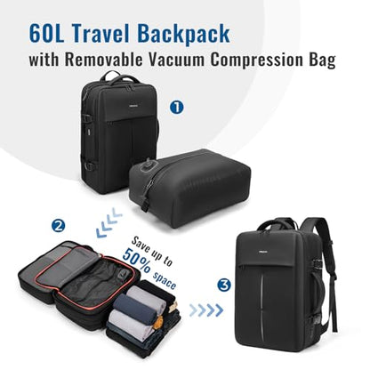 Vacpack Backpack with Vacuum, Expandable Air Vacuum Backpack for Travel,60L Compression Backpacks with Pump/USB Charging Port, Waterproof Laptop Backpack for Men/Women