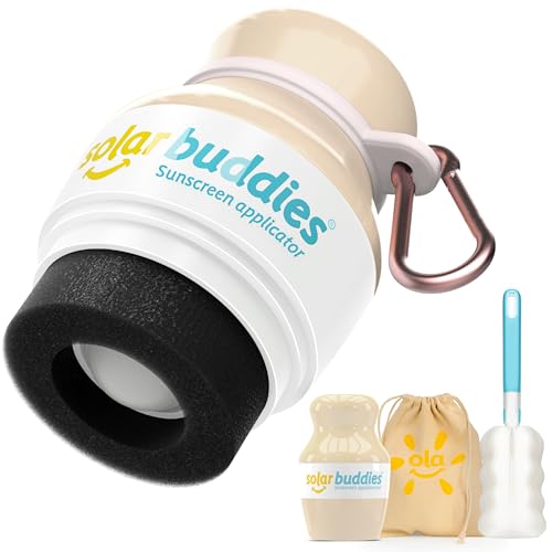 Solar Buddies Grab & Go Travel Bundle - Single Nude - Empty Refillable Applicator with Carabiner Clip & Brush - Roll-On Sponge for Lotion & Cream - 3.4oz (No Sunscreen Included) - color: Nude Single