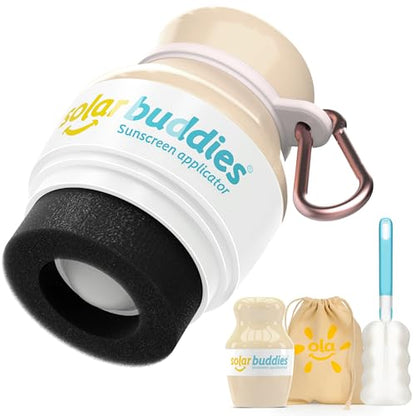 Solar Buddies Grab & Go Travel Bundle - Single Nude - Empty Refillable Applicator with Carabiner Clip & Brush - Roll-On Sponge for Lotion & Cream - 3.4oz (No Sunscreen Included) - color: Nude Single