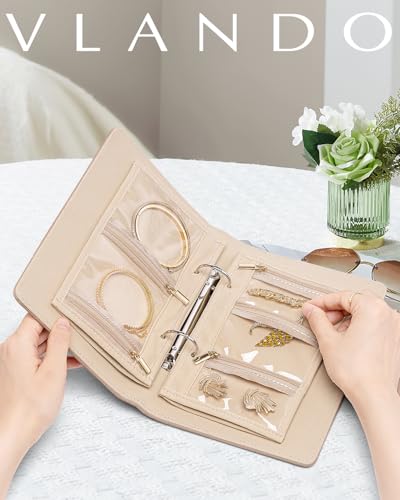 VLANDO Travel Jewelry Organizer Case,Valentines Gift,Jewelry Storage Book Ring Binder with Clear Zipper Velvet Jewelry Pouches Bags for Rings,Necklace,Earrings-Cream White - color: 01.Cream White