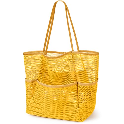 KPX Beach Bag with Mini Pocket, Summer Beach Tote Bags for Women Large Foldable Mesh Swimming Pool Travel Bags - Sandproof - color: Orange