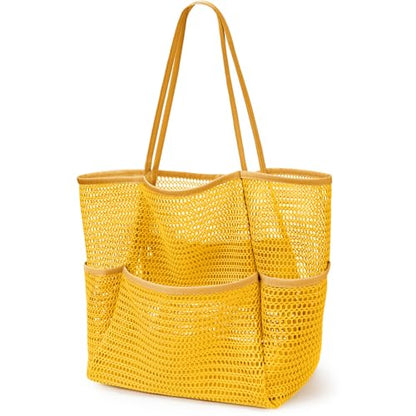 KPX Beach Bag with Mini Pocket, Summer Beach Tote Bags for Women Large Foldable Mesh Swimming Pool Travel Bags - Sandproof - color: Orange