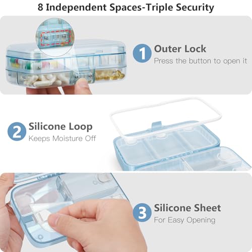 FYY Weekly Pill Organizer with Labels,8 Compartments Travel Daily Pill Case Airtight Moistureproof Large Pill Box to Hold Vitamins, Fish Oil, Supplements,Cotton Swab and Bandages-Blue - color: Blue