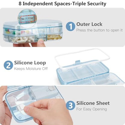 FYY Weekly Pill Organizer with Labels,8 Compartments Travel Daily Pill Case Airtight Moistureproof Large Pill Box to Hold Vitamins, Fish Oil, Supplements,Cotton Swab and Bandages-Blue - color: Blue