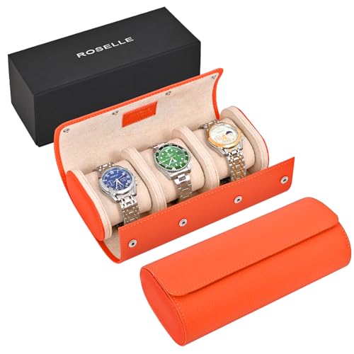 ROSELLE Genuine Leather Watch Roll Travel Case - Watch Roll Case For 3 Watches With Luxury Lining - Protect, Travel,Store and Display Fine Watches(3 Slot Orange) - color: Orange/ White-3