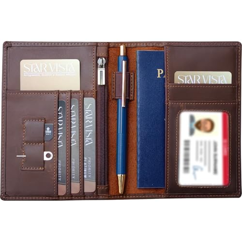 STAR VISTA Phoenix Leather Passport Holder, Full Grain Leather Travel Wallet- Slim, Bifold, RFID Blocking, ID Window, Coin Pocket, Card Slots, SIM Slots - color: Brown Cowhide