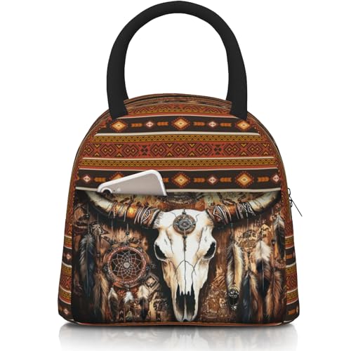 Western Lunch Box for Women Ethnic Aztec Lunch Bag Cow Skull Portable Reusable Lunchbox for Women Men Office Outdoor Picnic - color: Aztec