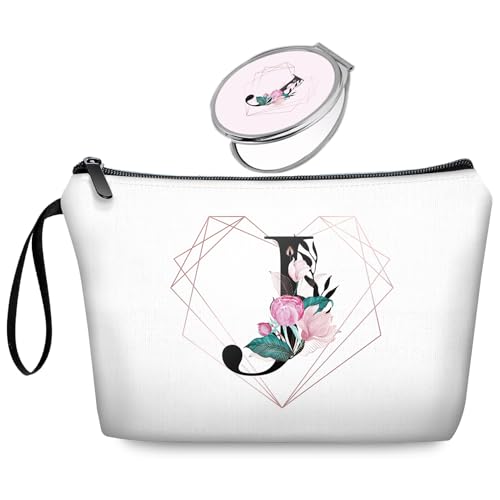 Initial J Bride Gifts for Women – Personalized Letter J Travel Makeup Bag Set with Mirror, Monogram J Cosmetic Pouch for Bridesmaid Maid of Honor Wedding Bridal Shower - color: Diamond-like Ietter J Floral-white-2S