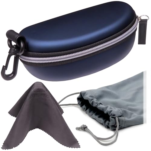MyEyeglassCase Sports Sunglasses Case and Slim wallet Semi hard large glasses case w/belt clip soft pouch & cloth - color: B15hc Blue/Grey Zipper
